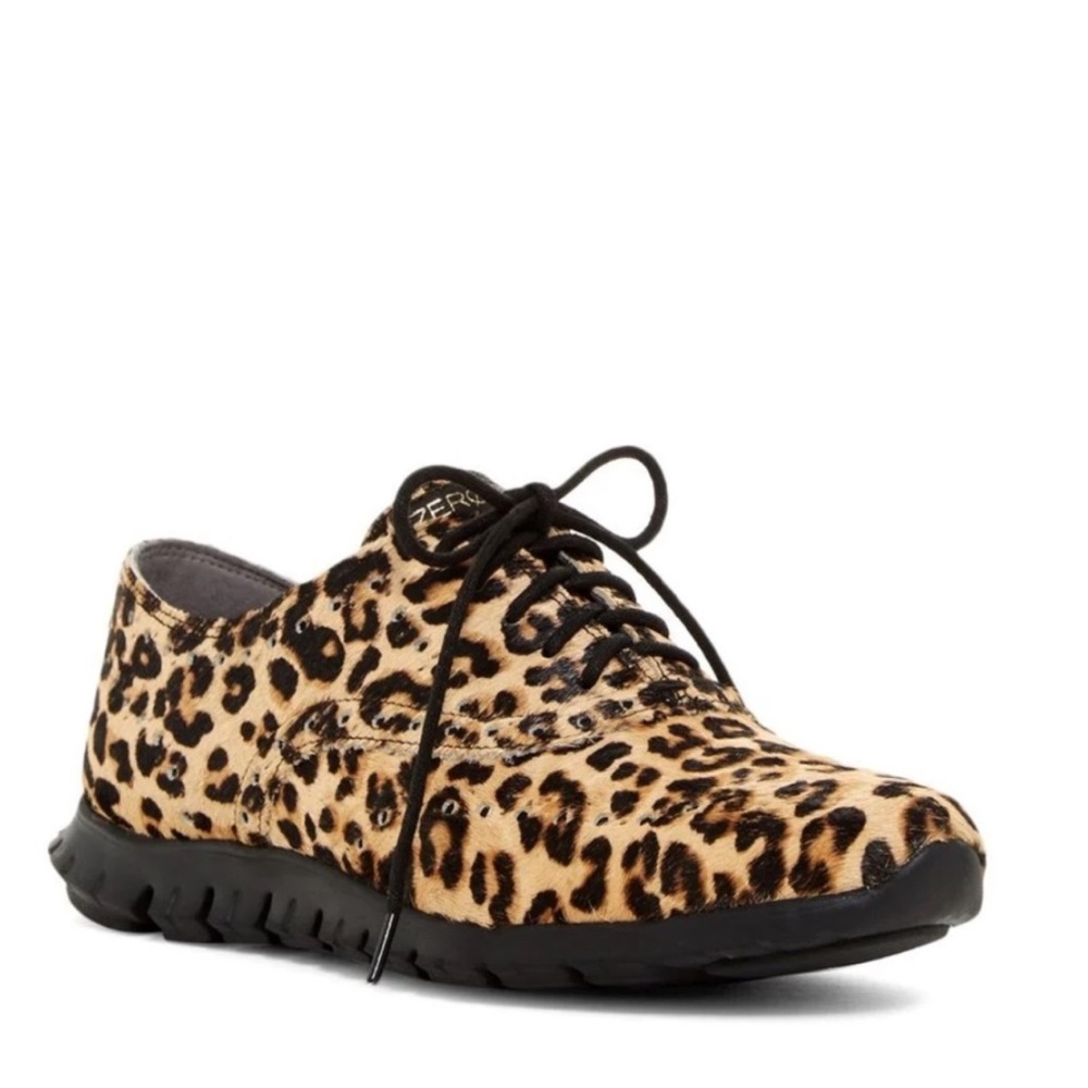Cole Haan Zerogrand Leopard Print Calf Hair Wingtip Oxford Sneakers Brown Size 7